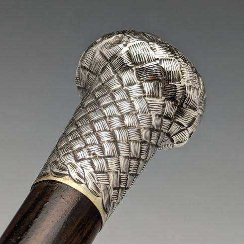 1901 British antique gentleman's walking stick, pure silver, engraved pattern, round handle, 89cm